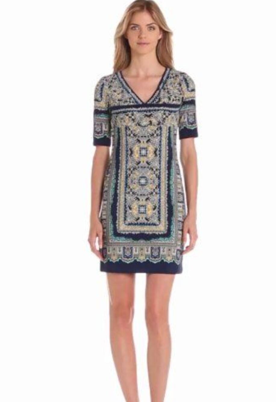 Donna Morgan Womens 10 Blue Yellow V Neck Mini Dress Elbow Sleeve Vibrant Chic